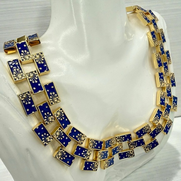 Lulu Frost Jewelry - Rare Lulu Frost Signed Blue Enamel Gold Statement Necklace 17” Excellent Cond.